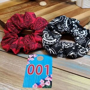 #1 Deep Red Paisley & Black White Western Paisley Hair Scrunchie Adult Handmade